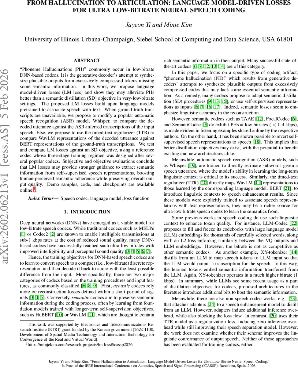 From Hallucination to Articulation: Language Model-Driven Losses for Ultra Low-Bitrate Neural Speech Coding