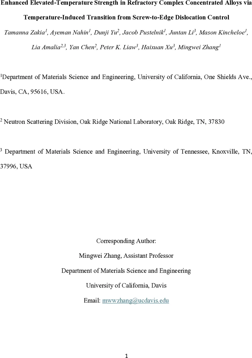 Enhanced Elevated-Temperature Strength in Refractory Complex Concentrated Alloys via Temperature-Induced Transition from Screw-to-Edge Dislocation Control