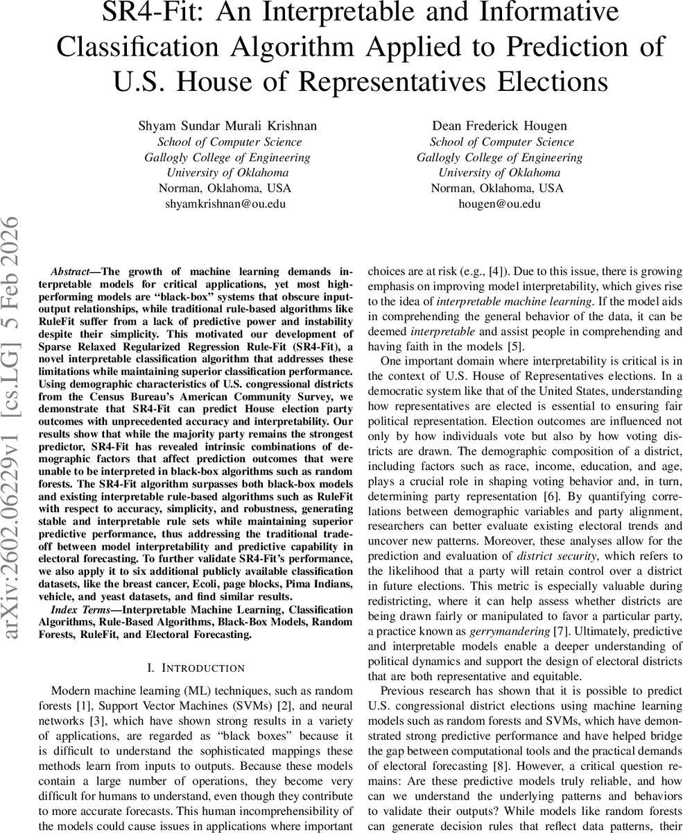 SR4-Fit: An Interpretable and Informative Classification Algorithm Applied to Prediction of U.S. House of Representatives Elections