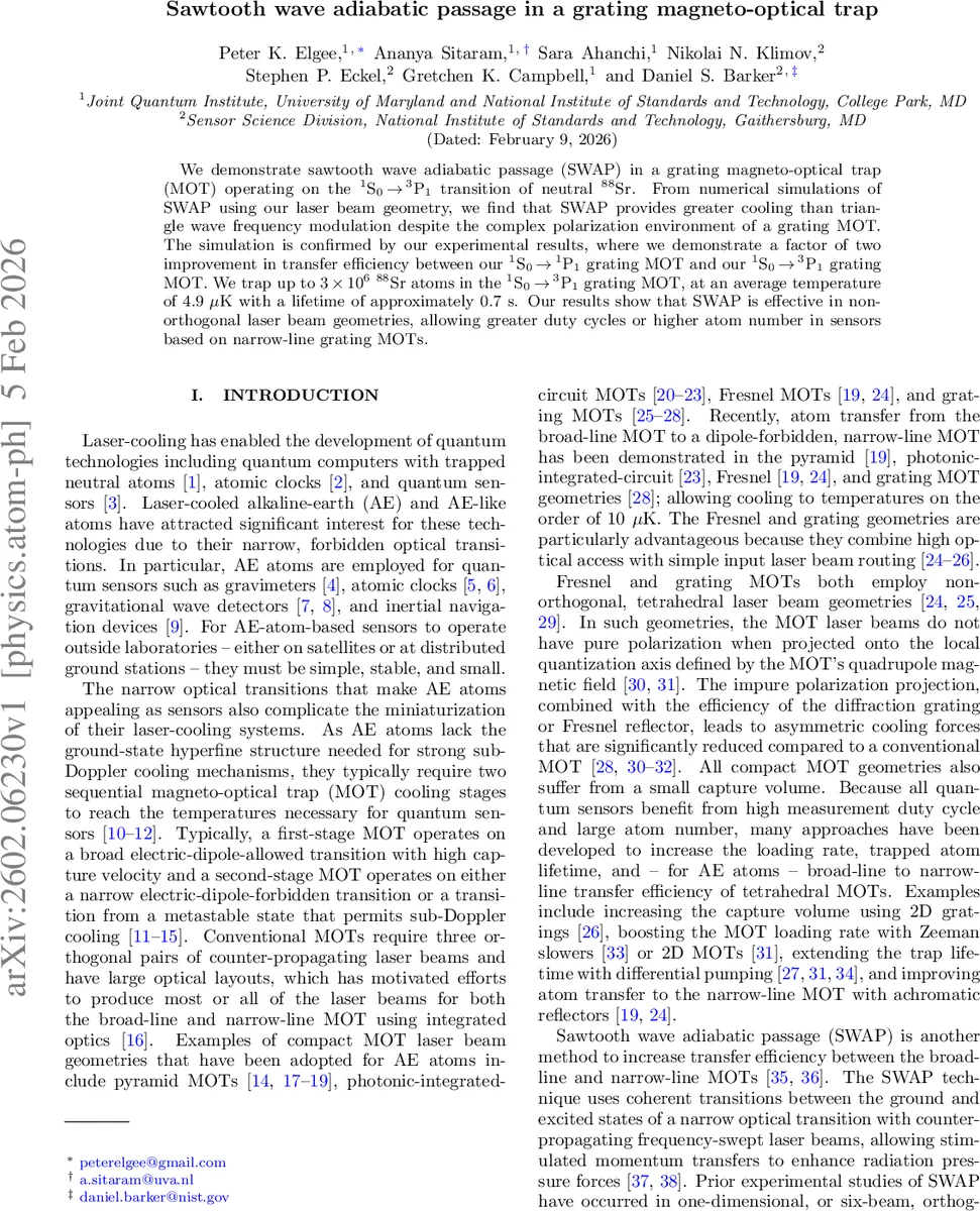 Sawtooth wave adiabatic passage in a grating magneto-optical trap