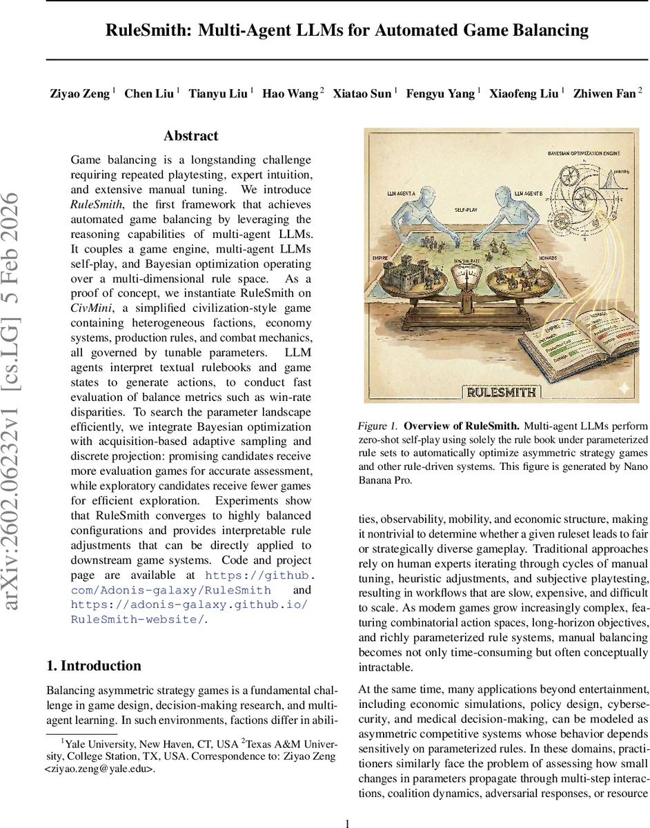 RuleSmith: Multi-Agent LLMs for Automated Game Balancing