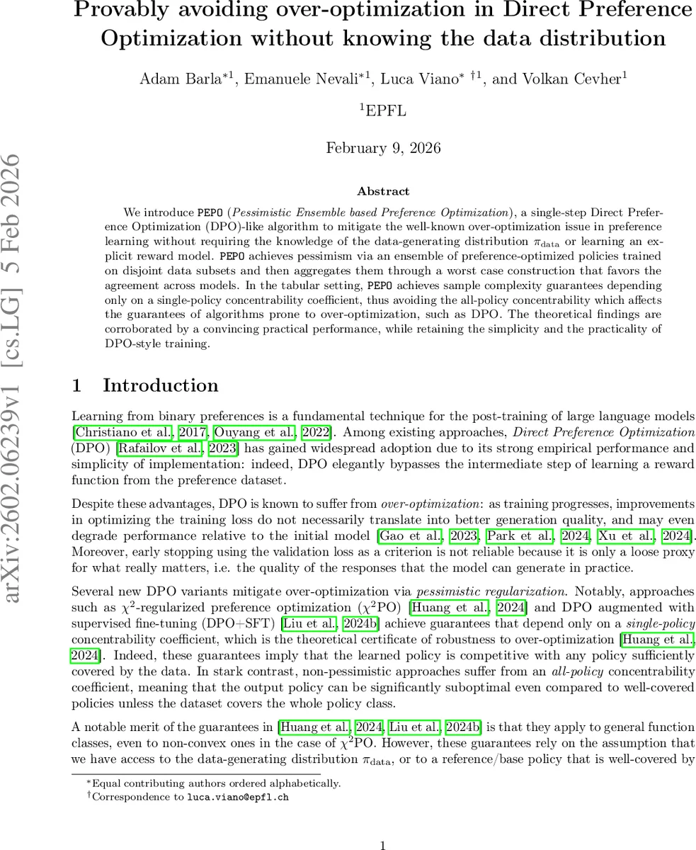 Provably avoiding over-optimization in Direct Preference Optimization without knowing the data distribution