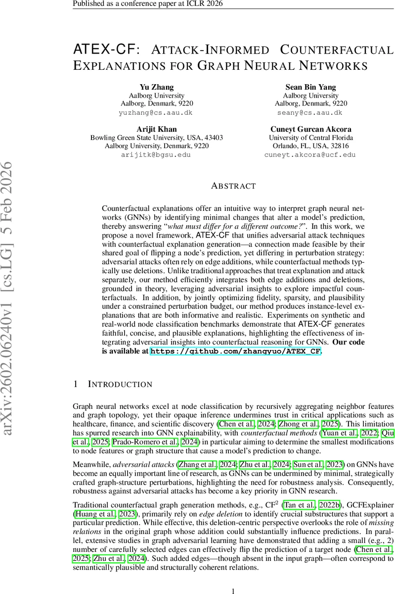 ATEX-CF: Attack-Informed Counterfactual Explanations for Graph Neural Networks