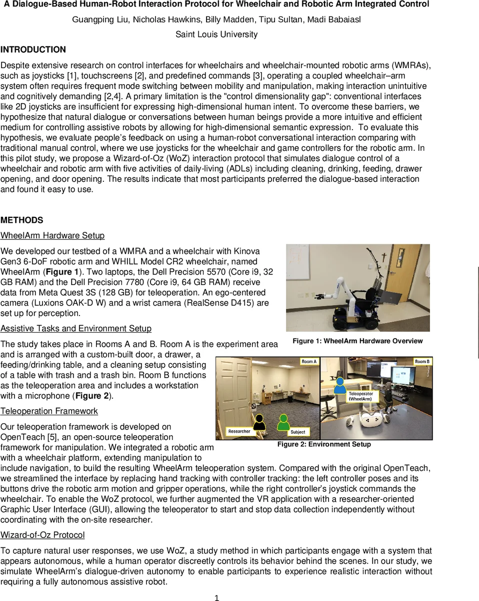 A Dialogue-Based Human-Robot Interaction Protocol for Wheelchair and Robotic Arm Integrated Control