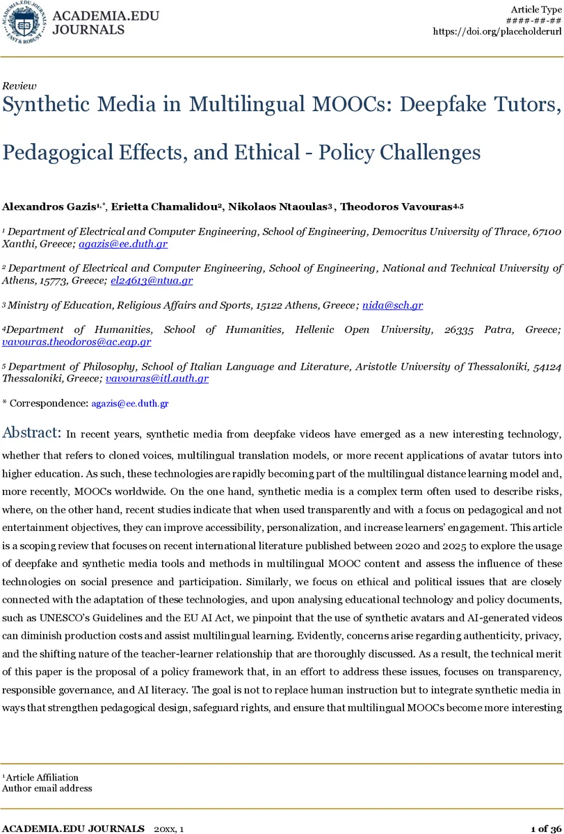 Synthetic Media in Multilingual MOOCs: Deepfake Tutors, Pedagogical Effects, and Ethical-Policy Challenges
