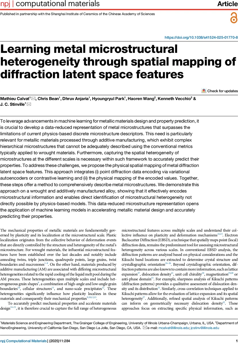 Learning Metal Microstructural Heterogeneity through Spatial Mapping of Diffraction Latent Space Features