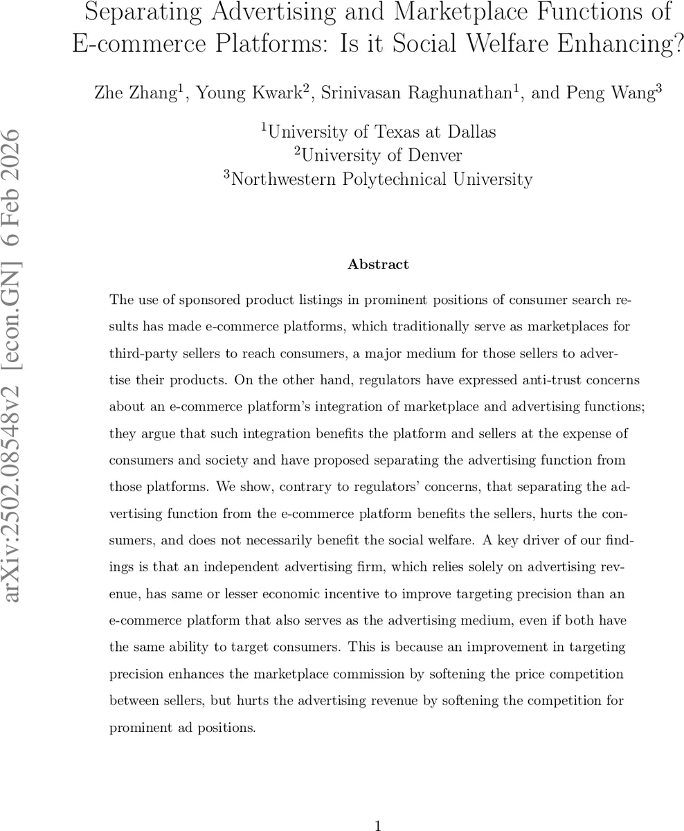 Separating Advertising and Marketplace Functions of E-commerce Platforms: Is it Social Welfare Enhancing?
