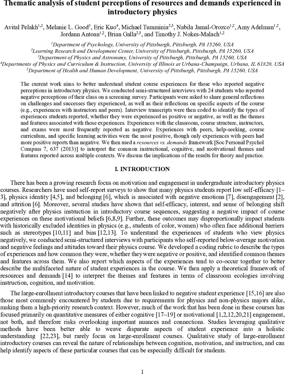 Thematic analysis of student perceptions of resources and demands experienced in introductory physics