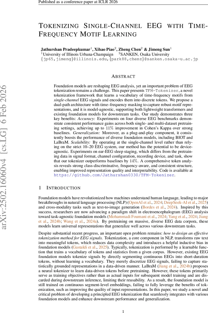 Tokenizing Single-Channel EEG with Time-Frequency Motif Learning