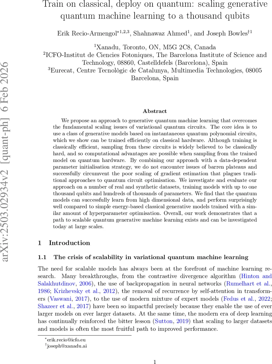 Train on classical, deploy on quantum: scaling generative quantum machine learning to a thousand qubits