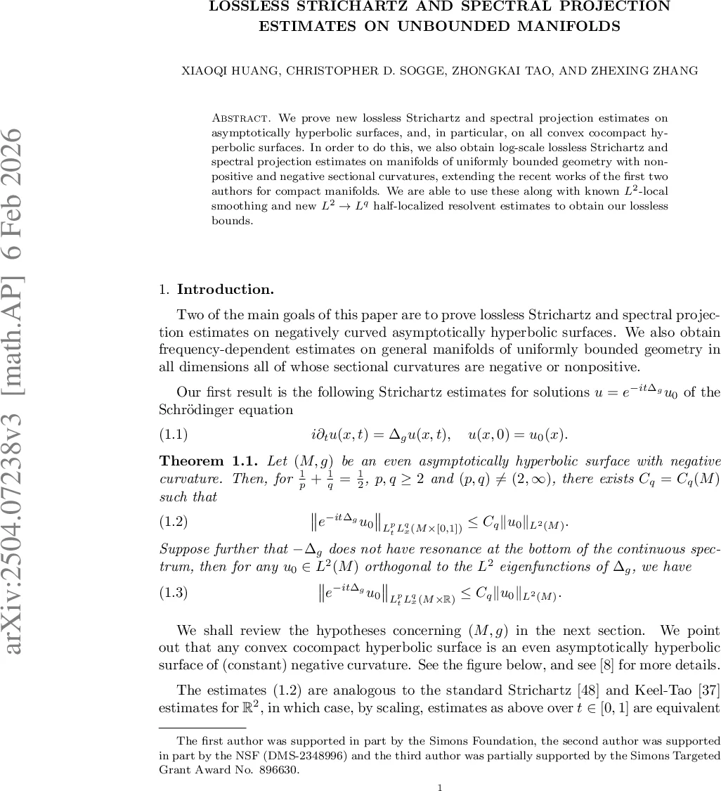 Lossless Strichartz and spectral projection estimates on unbounded manifolds