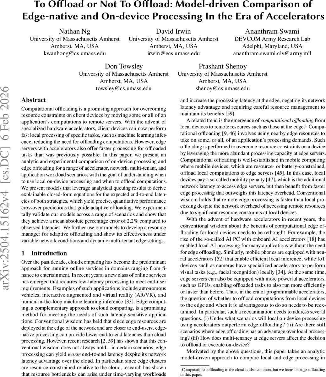 To Offload or Not To Offload: Model-driven Comparison of Edge-native and On-device Processing In the Era of Accelerators