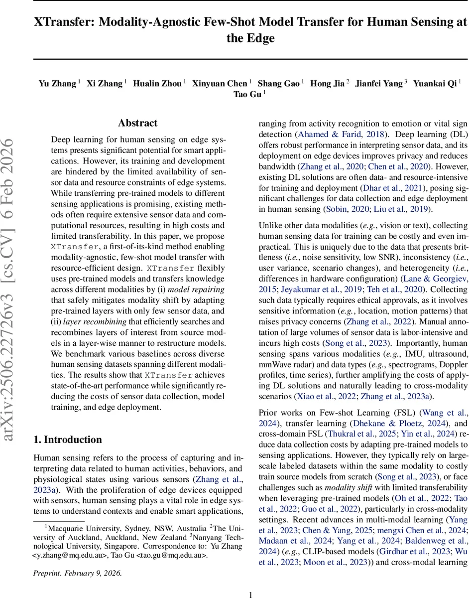 XTransfer: Modality-Agnostic Few-Shot Model Transfer for Human Sensing at the Edge