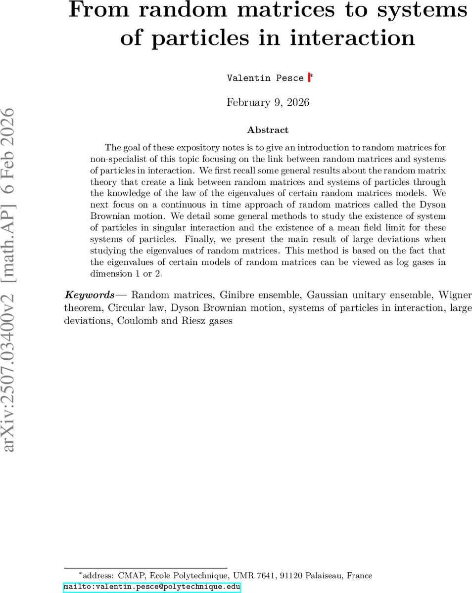 From random matrices to systems of particles in interaction