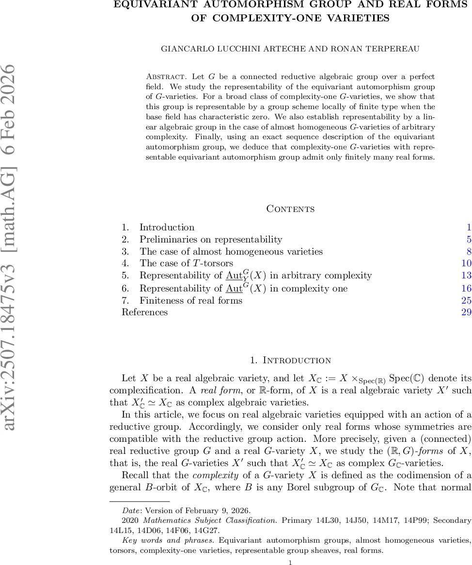 Equivariant automorphism group and real forms of complexity-one varieties