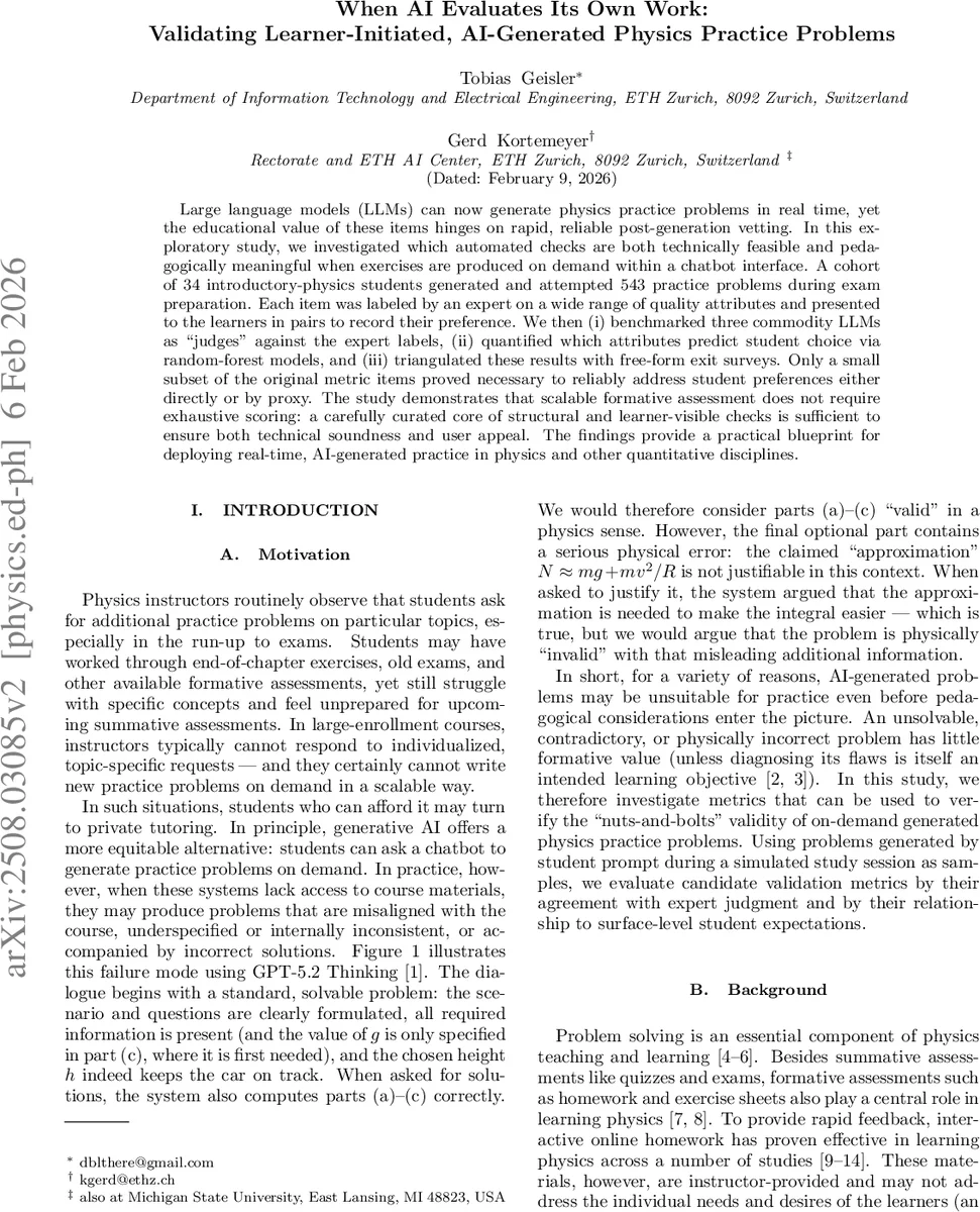 When AI Evaluates Its Own Work: Validating Learner-Initiated, AI-Generated Physics Practice Problems