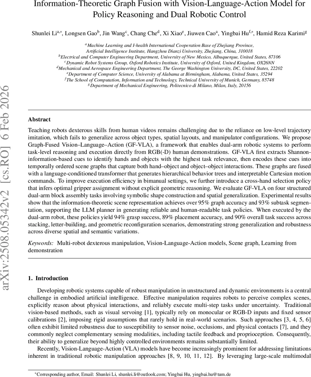 Information-Theoretic Graph Fusion with Vision-Language-Action Model for Policy Reasoning and Dual Robotic Control