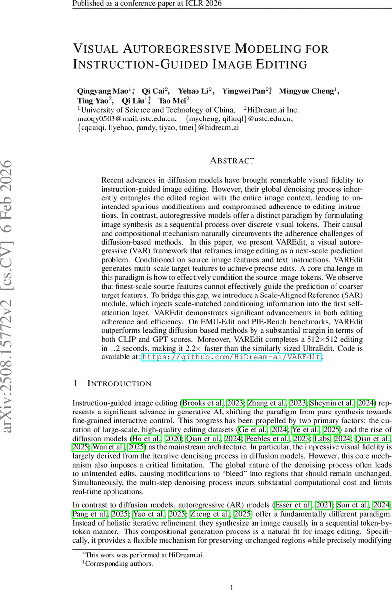 Visual Autoregressive Modeling for Instruction-Guided Image Editing