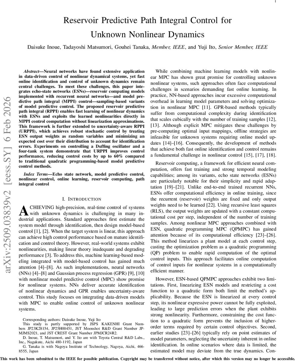 Reservoir Predictive Path Integral Control for Unknown Nonlinear Dynamics