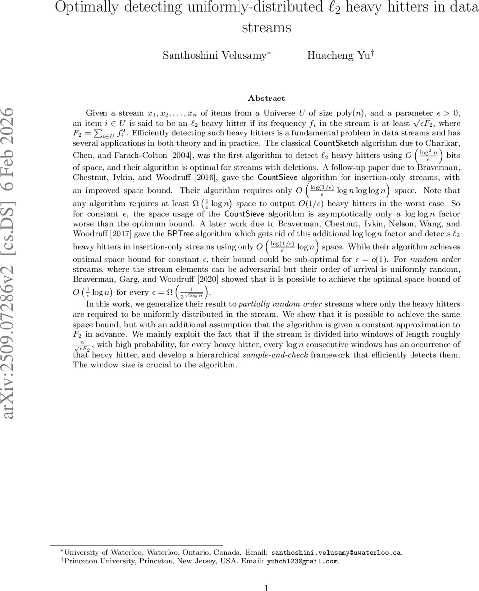 Optimally detecting uniformly-distributed $ll_2$ heavy hitters in data streams