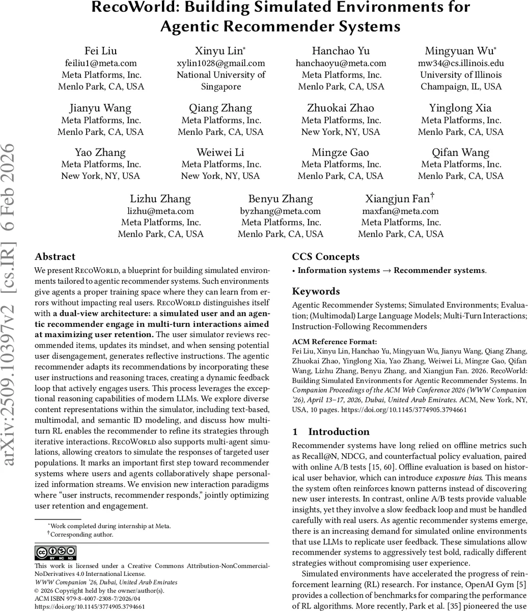 RecoWorld: Building Simulated Environments for Agentic Recommender Systems