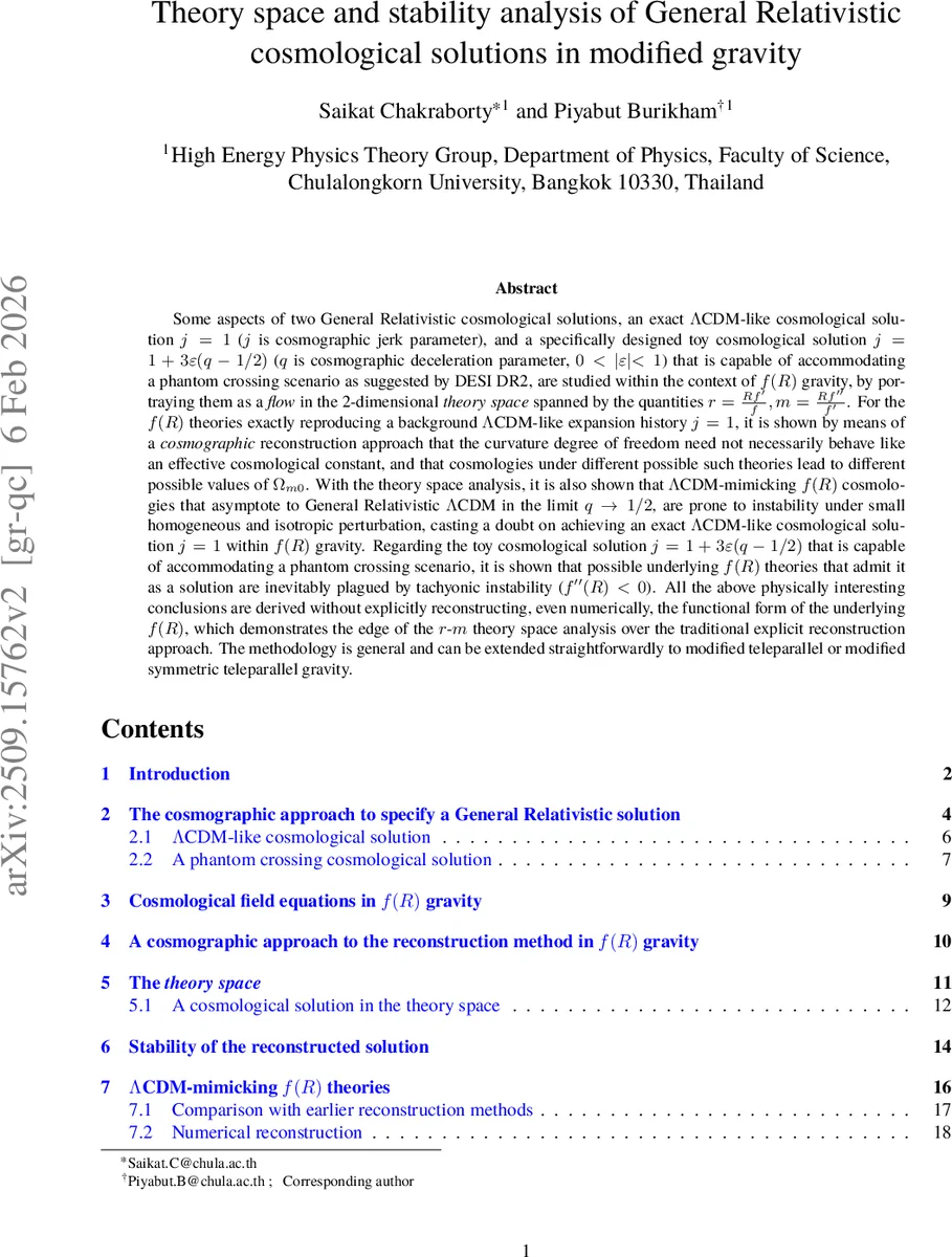 Theory space and stability analysis of General Relativistic cosmological solutions in modified gravity