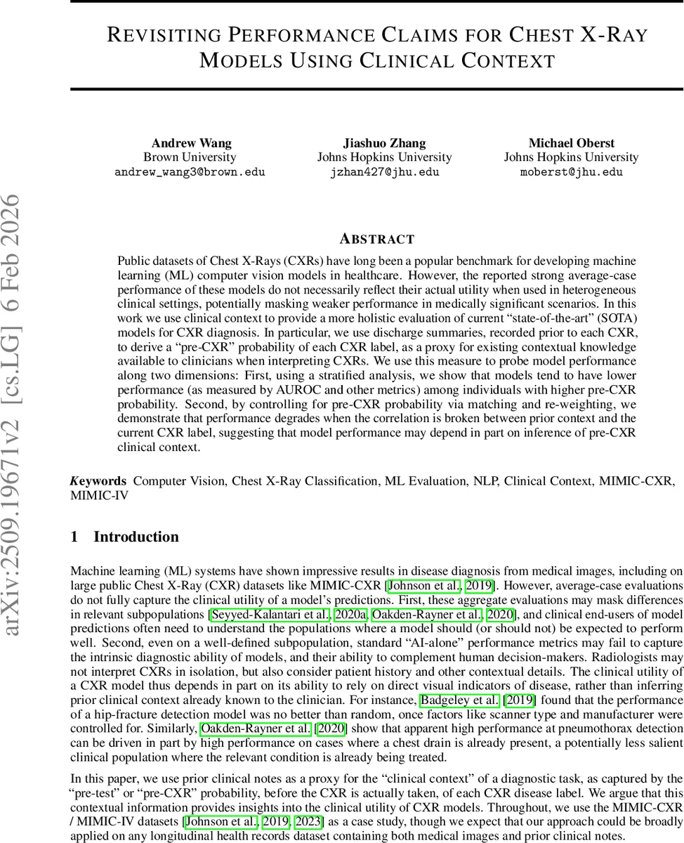 Revisiting Performance Claims for Chest X-Ray Models Using Clinical Context