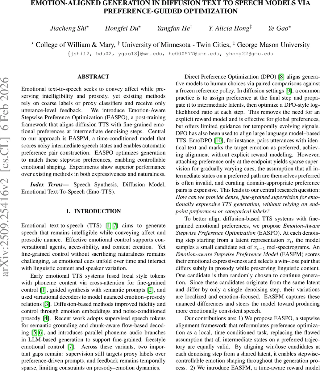 Emotion-Aligned Generation in Diffusion Text to Speech Models via Preference-Guided Optimization