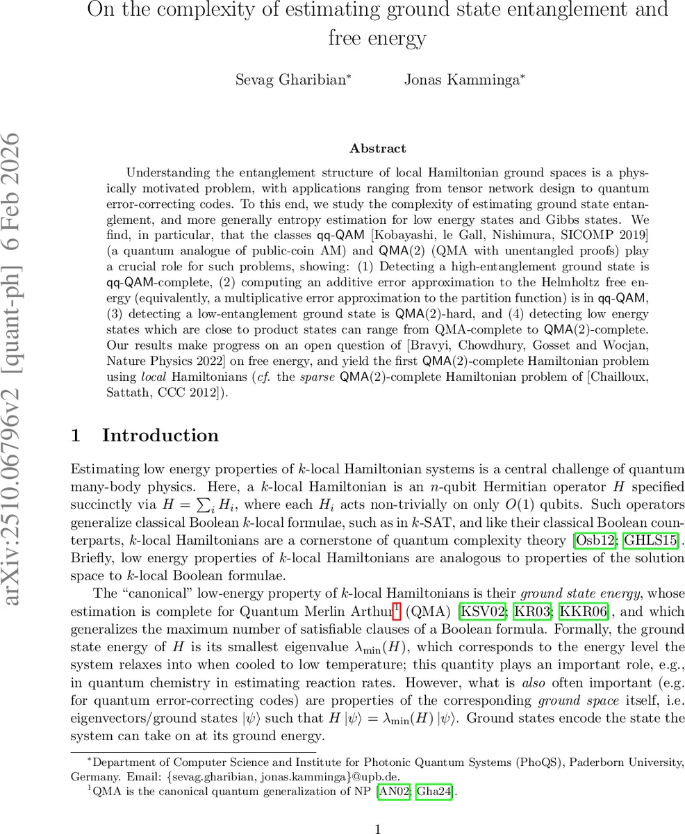 On the complexity of estimating ground state entanglement and free energy