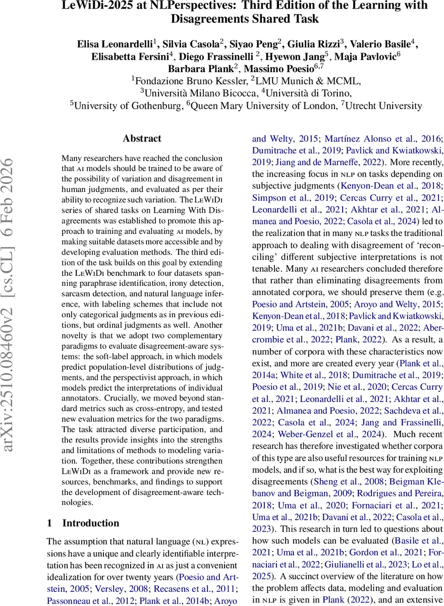 LeWiDi-2025 at NLPerspectives: Third Edition of the Learning with Disagreements Shared Task