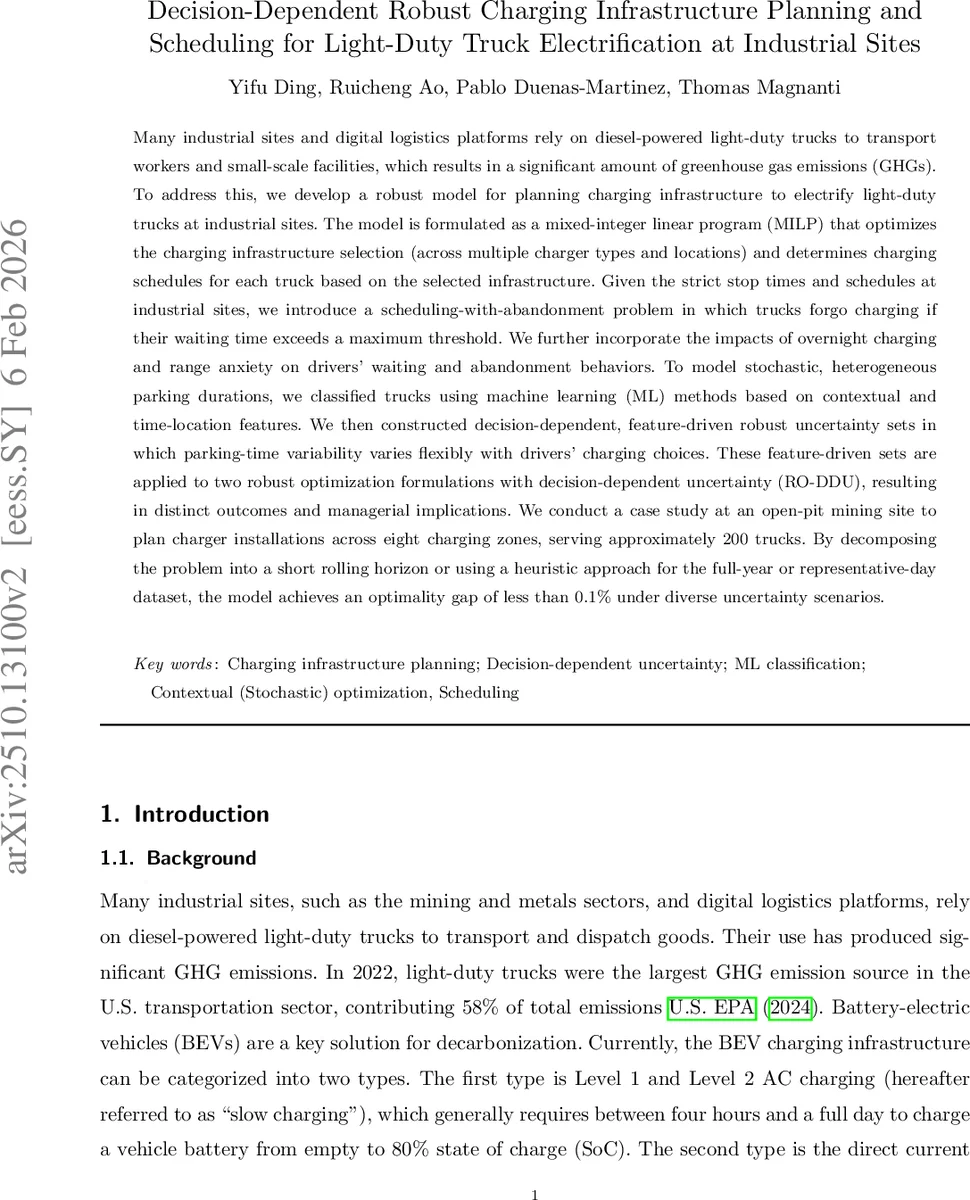 Decision-dependent Robust Charging Infrastructure Planning for Light-duty Truck Electrification at Industrial Sites