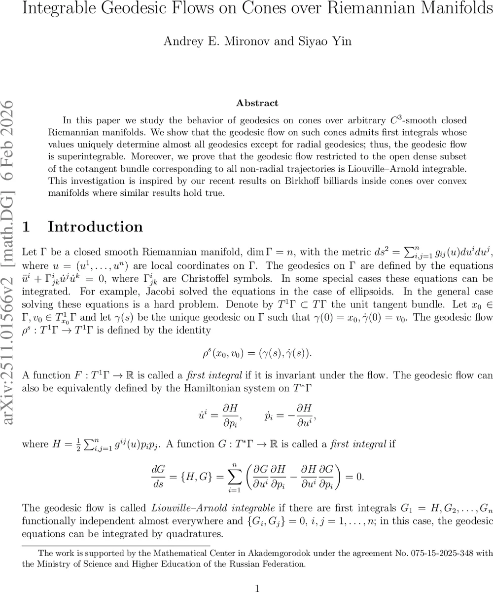 Integrable Geodesic Flows on Cones over Riemannian Manifolds