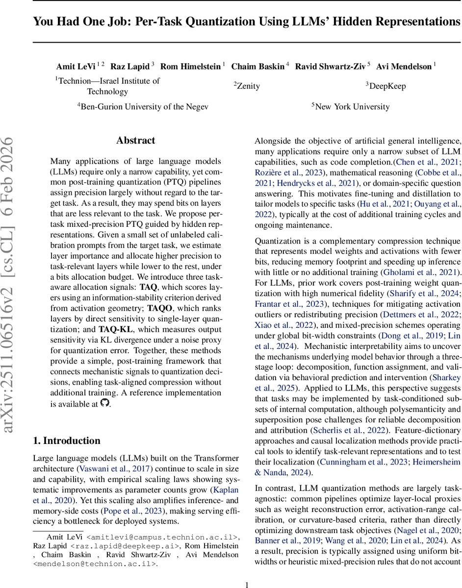 You Had One Job: Per-Task Quantization Using LLMs' Hidden Representations