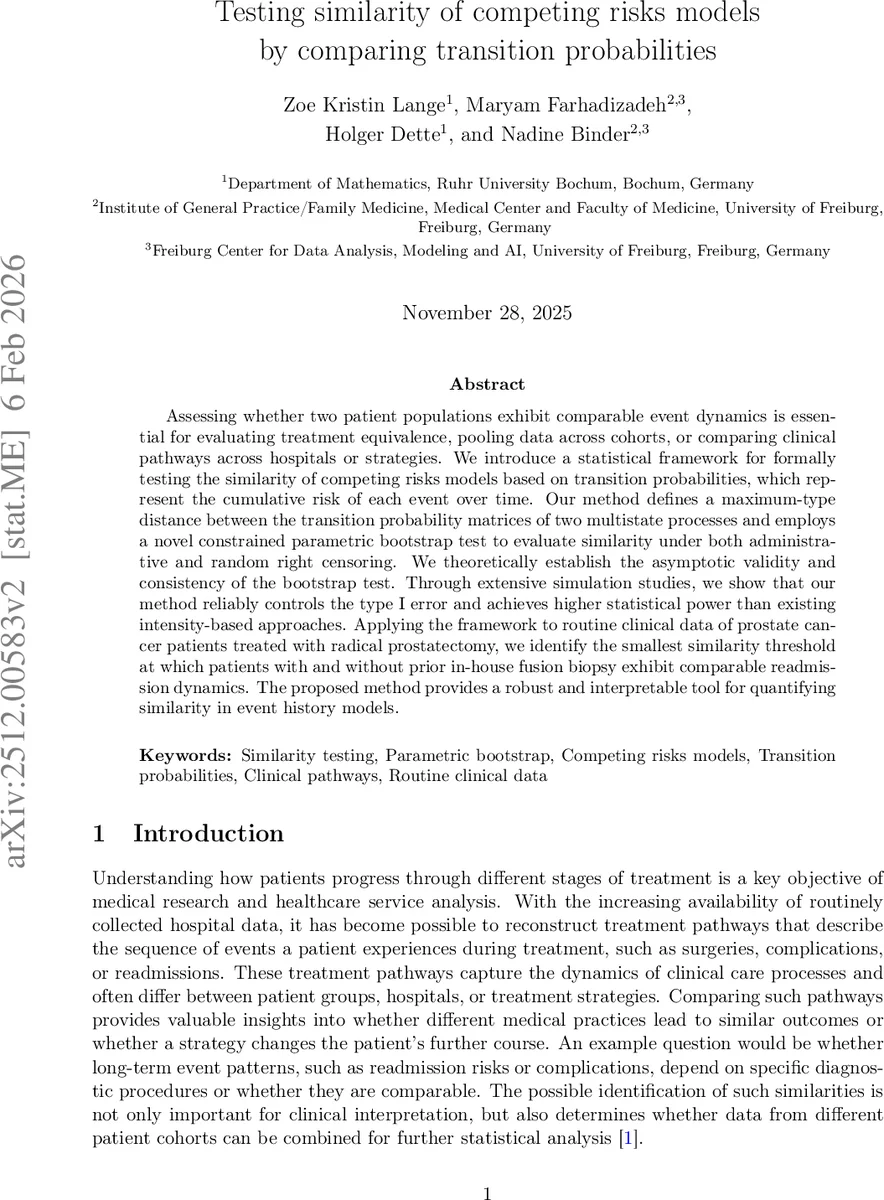Testing similarity of competing risks models by comparing transition probabilities
