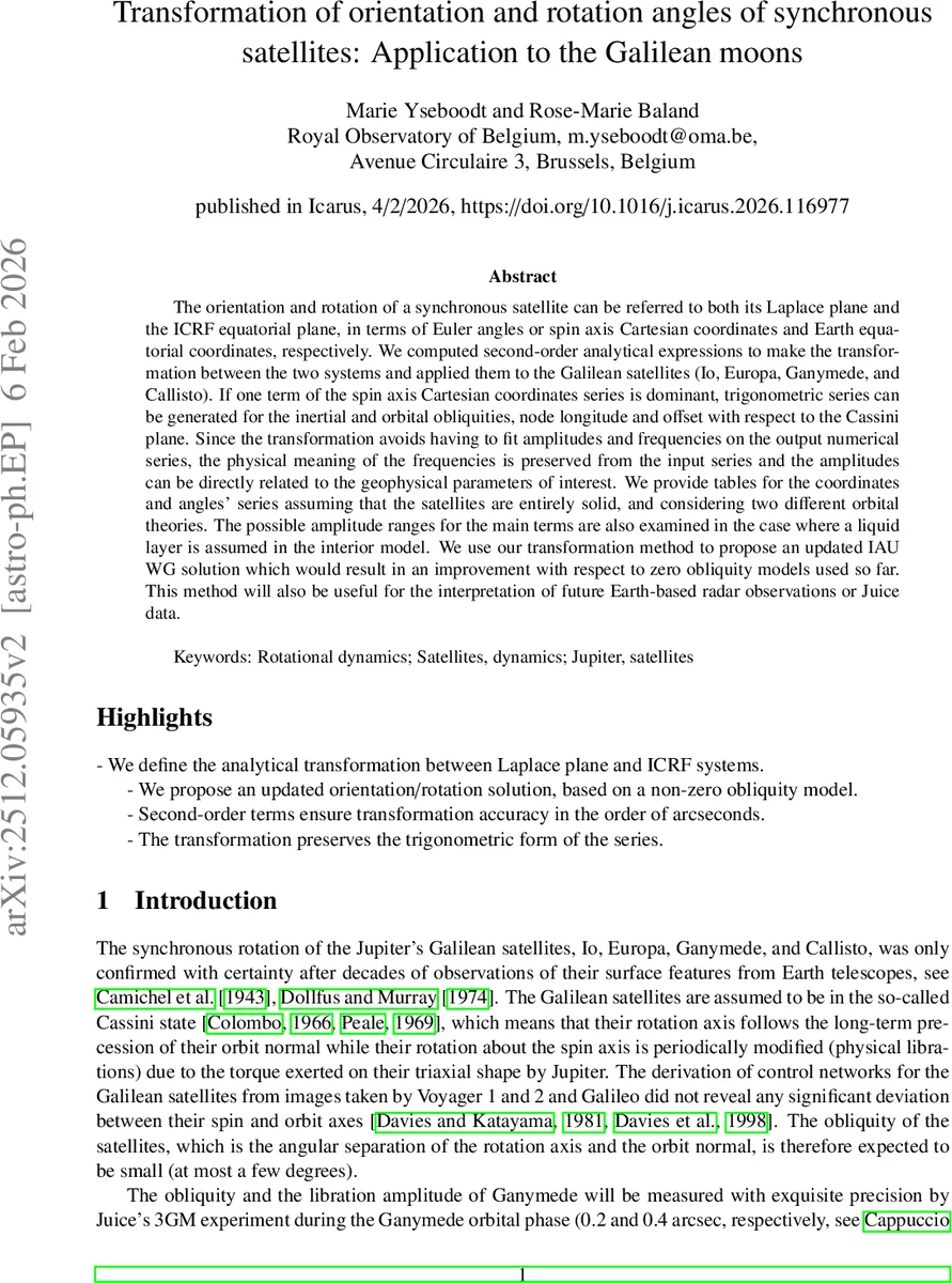 Transformation of orientation and rotation angles of synchronous satellites: Application to the Galilean moons