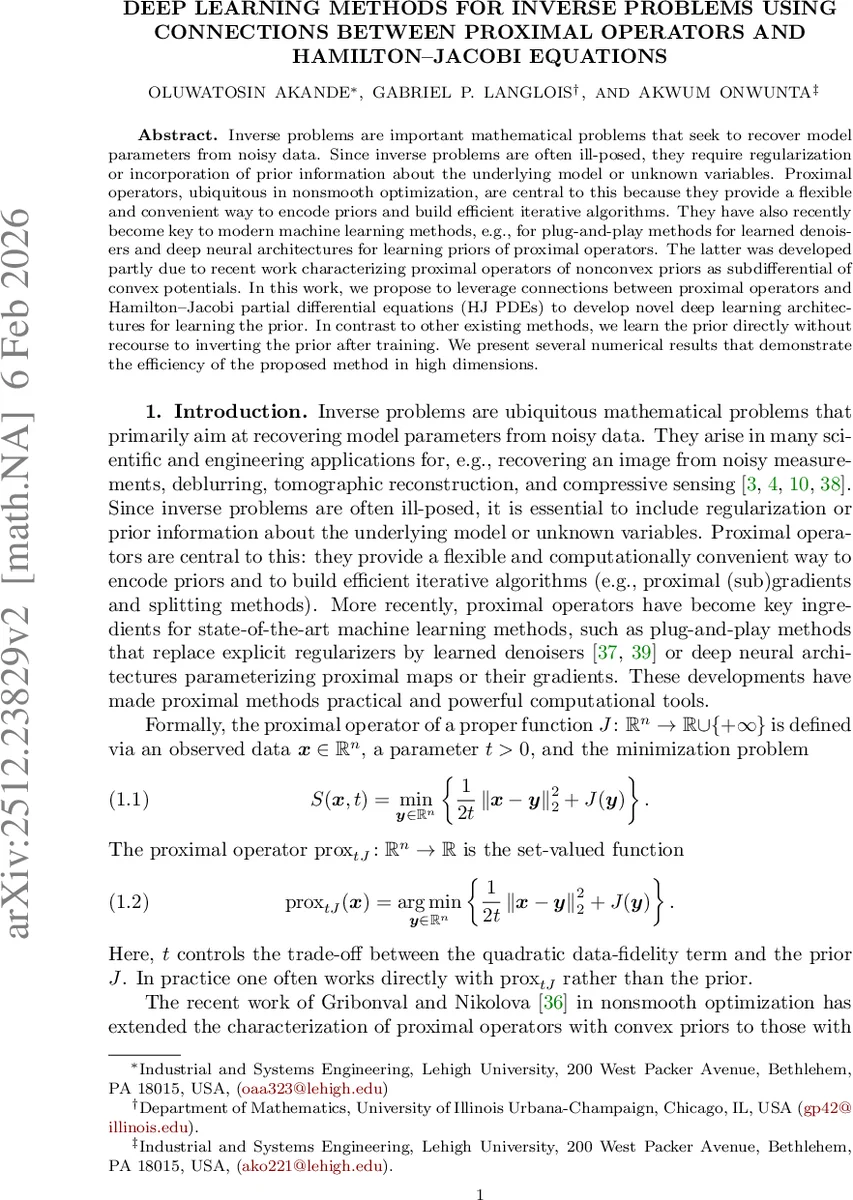 Deep learning methods for inverse problems using connections between proximal operators and Hamilton-Jacobi equations