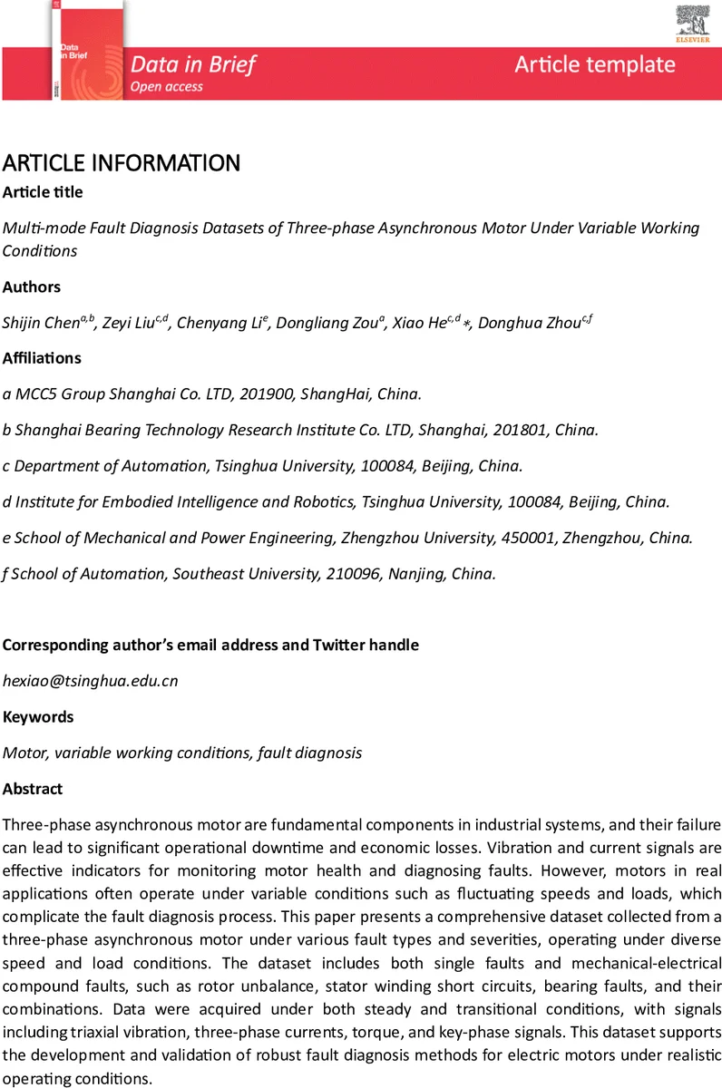 Multi-mode Fault Diagnosis Datasets of Three-phase Asynchronous Motor Under Variable Working Conditions