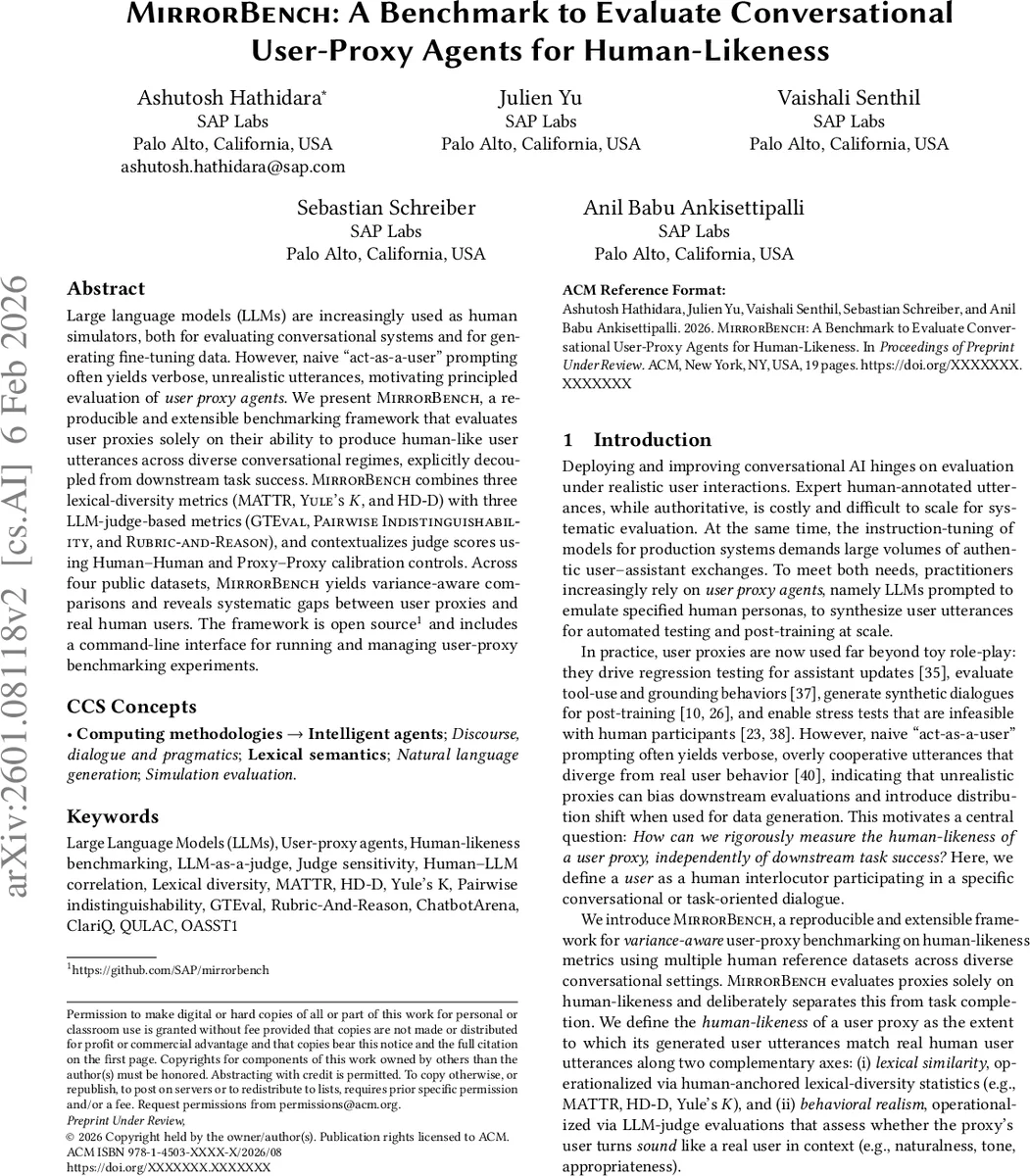 MirrorBench: A Benchmark to Evaluate Conversational User-Proxy Agents for Human-Likeness