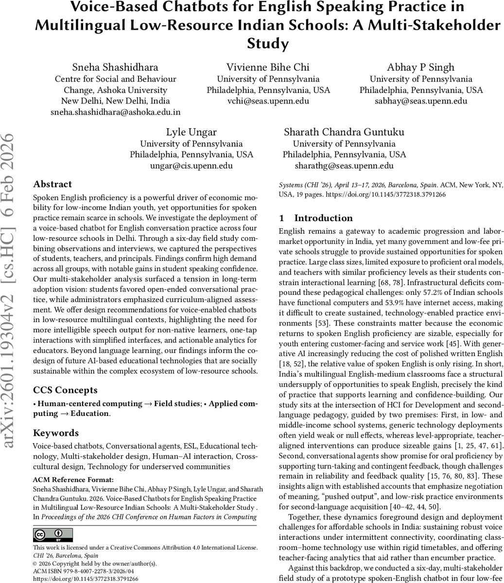 Voice-Based Chatbots for English Speaking Practice in Multilingual Low-Resource Indian Schools: A Multi-Stakeholder Study