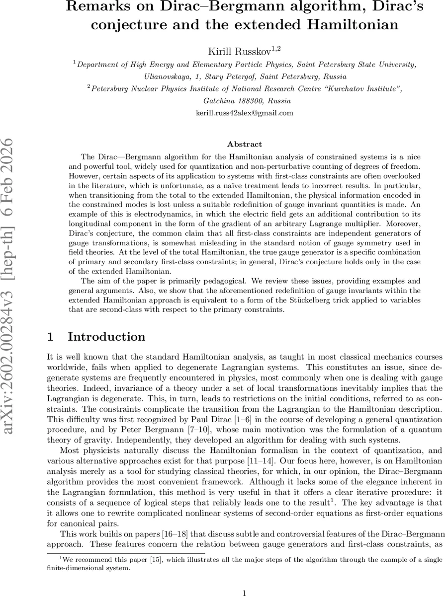 Remarks on Dirac-Bergmann algorithm, Dirac's conjecture and the extended Hamiltonian