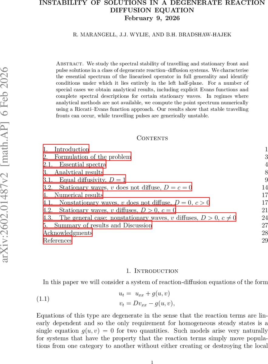 Instability of solutions in a degenerate reaction diffusion equation