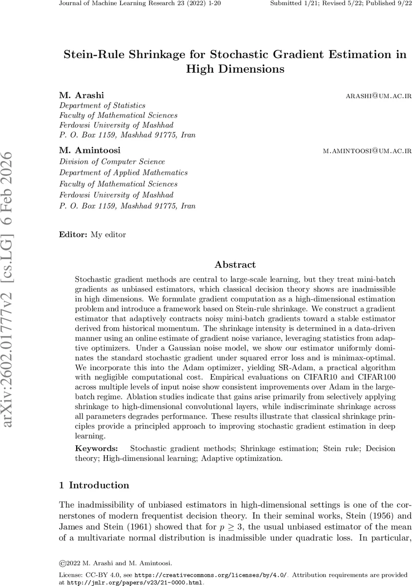 Stein-Rule Shrinkage for Stochastic Gradient Estimation in High Dimensions