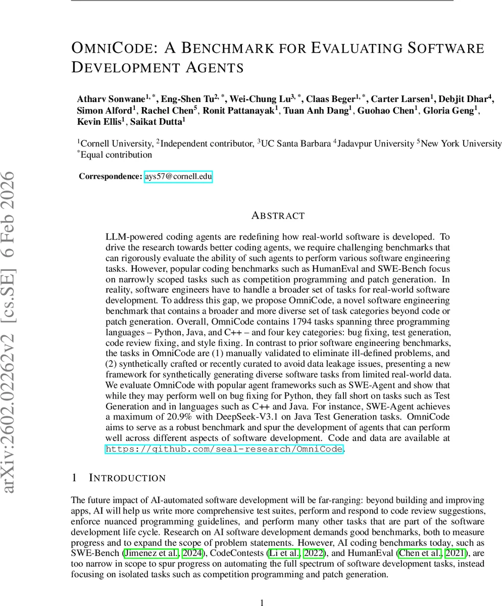 OmniCode: A Benchmark for Evaluating Software Engineering Agents