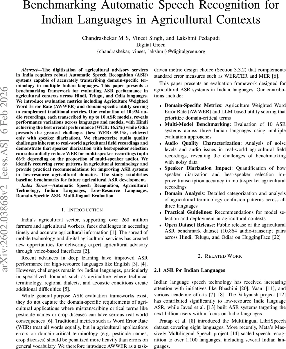 Benchmarking Automatic Speech Recognition for Indian Languages in Agricultural Contexts