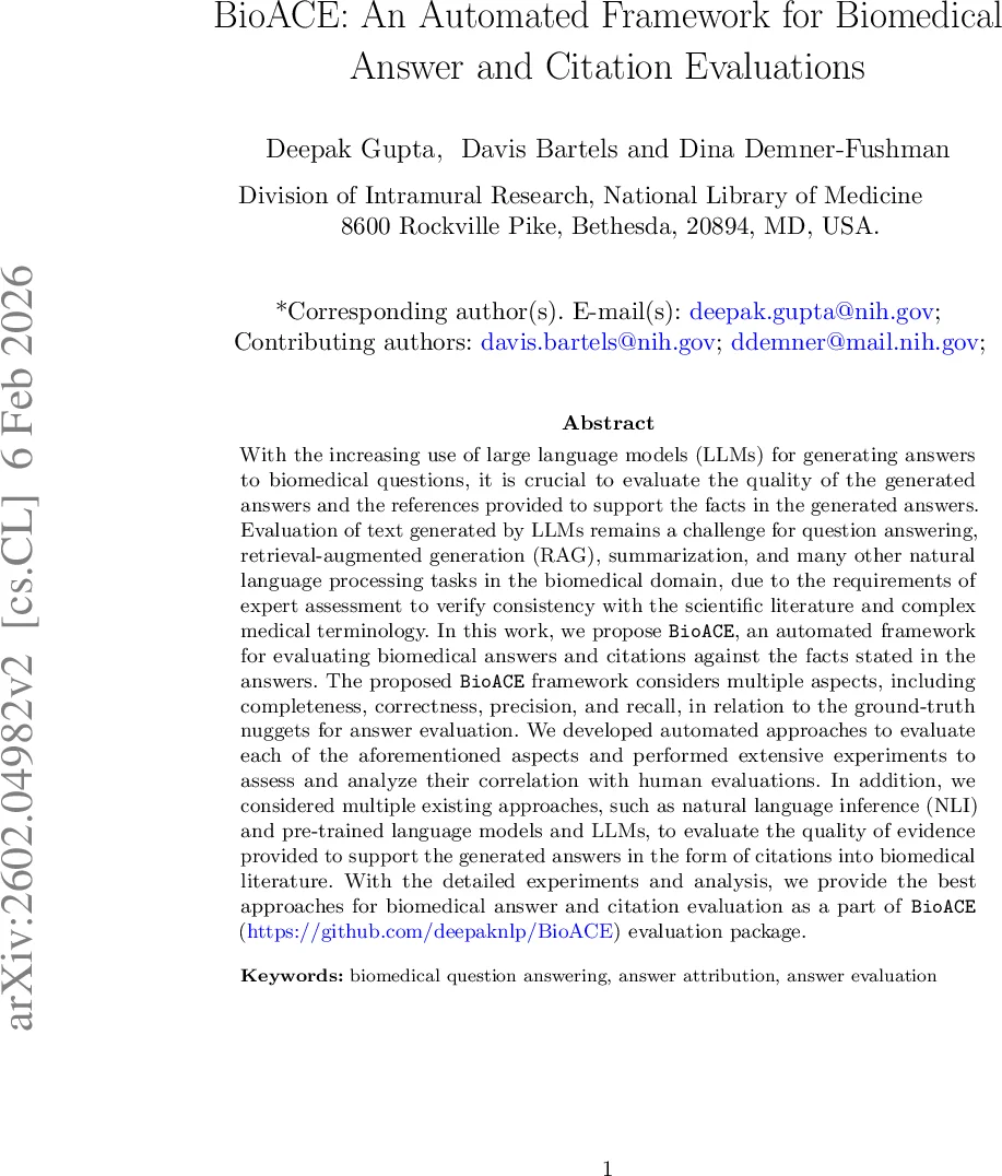 BioACE: An Automated Framework for Biomedical Answer and Citation Evaluations