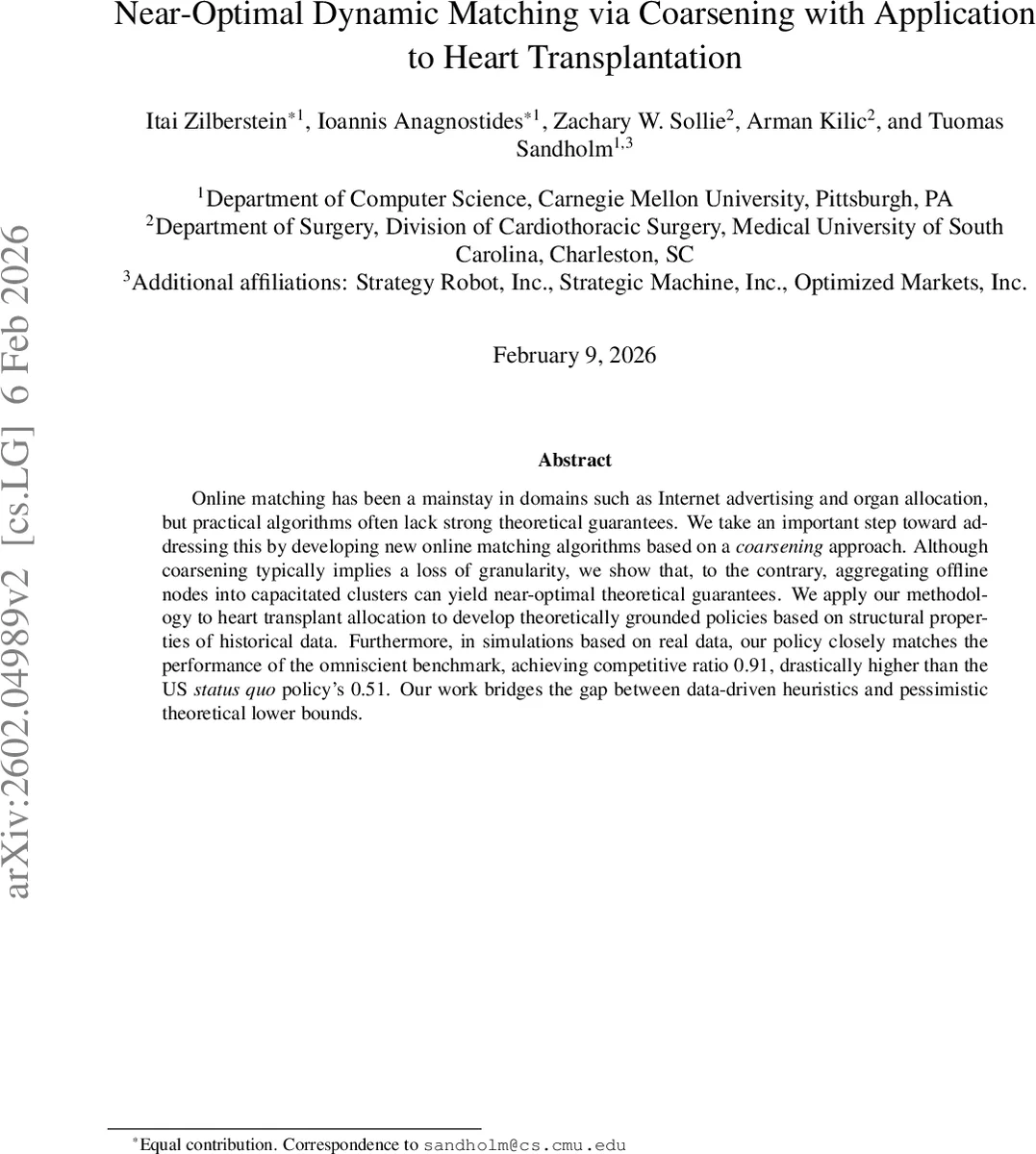 Near-Optimal Dynamic Matching via Coarsening with Application to Heart Transplantation