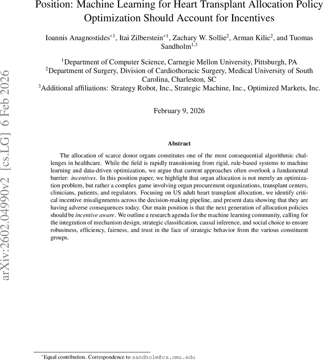 Position: Machine Learning for Heart Transplant Allocation Policy Optimization Should Account for Incentives