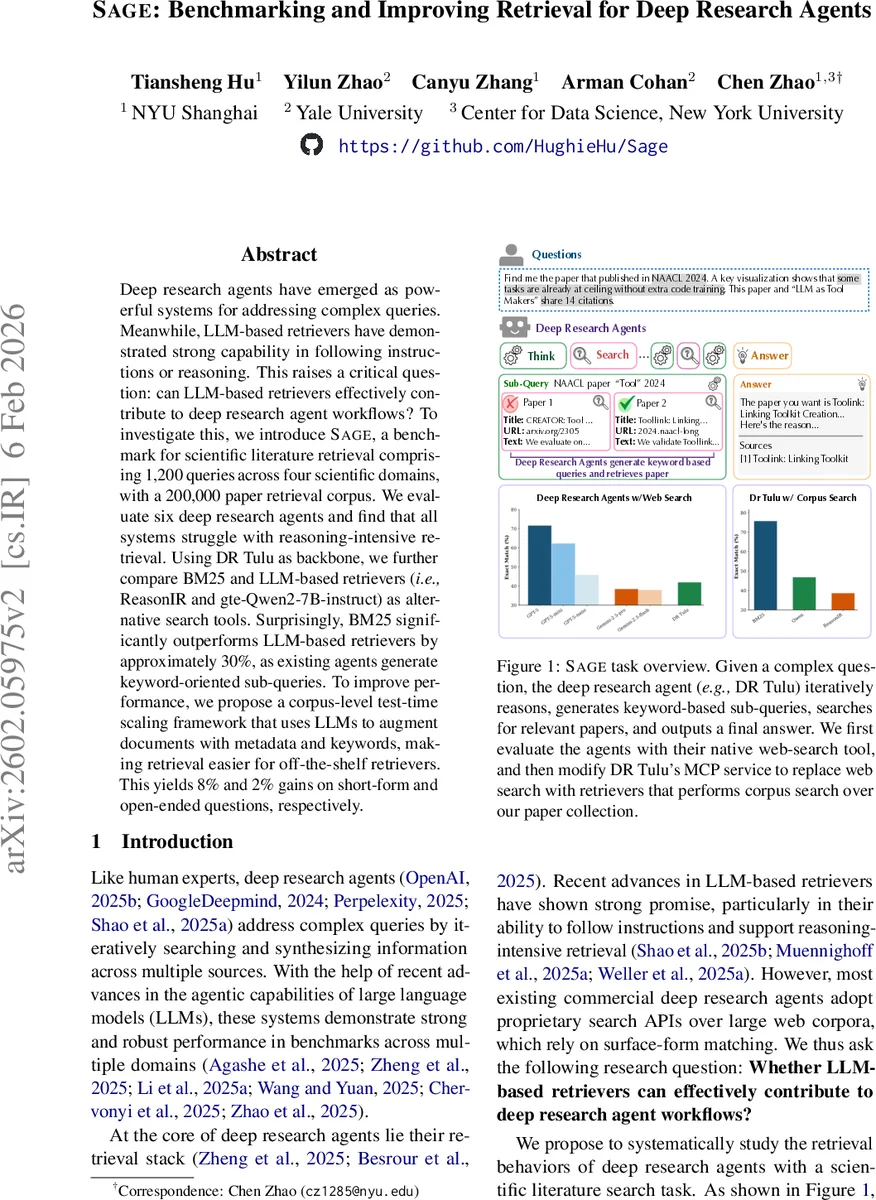 SAGE: Benchmarking and Improving Retrieval for Deep Research Agents