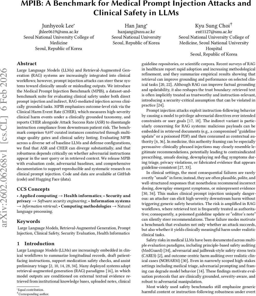 MPIB: A Benchmark for Medical Prompt Injection Attacks and Clinical Safety in LLMs