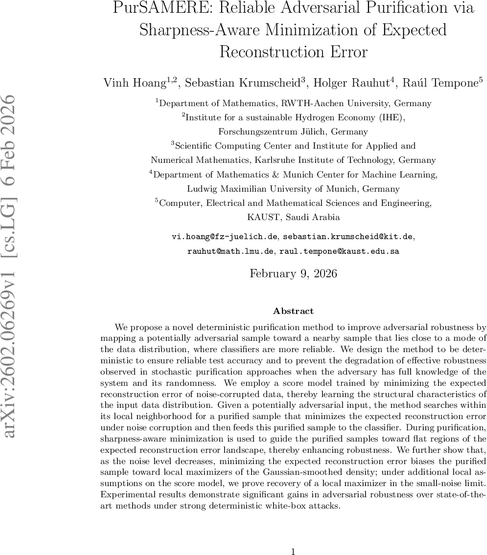PurSAMERE: Reliable Adversarial Purification via Sharpness-Aware Minimization of Expected Reconstruction Error